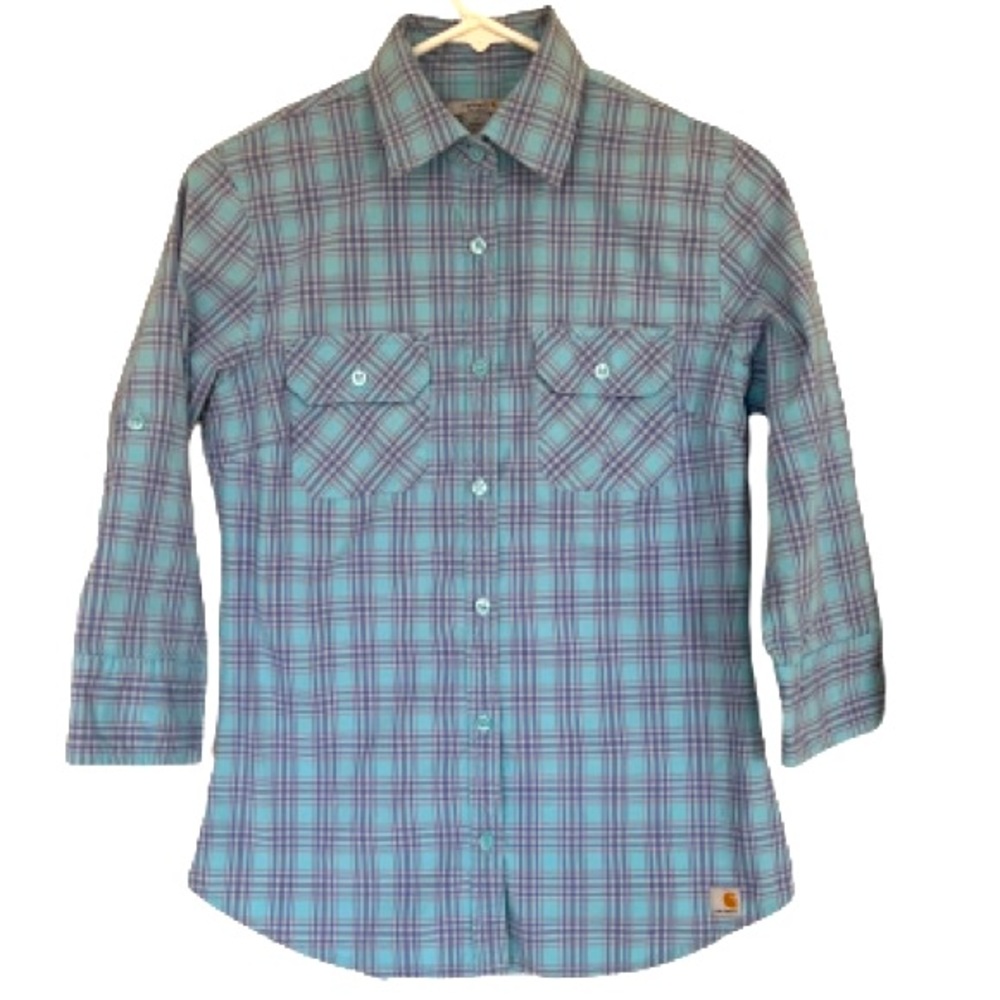 WOMENS CARHARTT PASTEL BLUE LONG SLEEVE PLAID BUTTON DOWN SHIRT SIZE M
